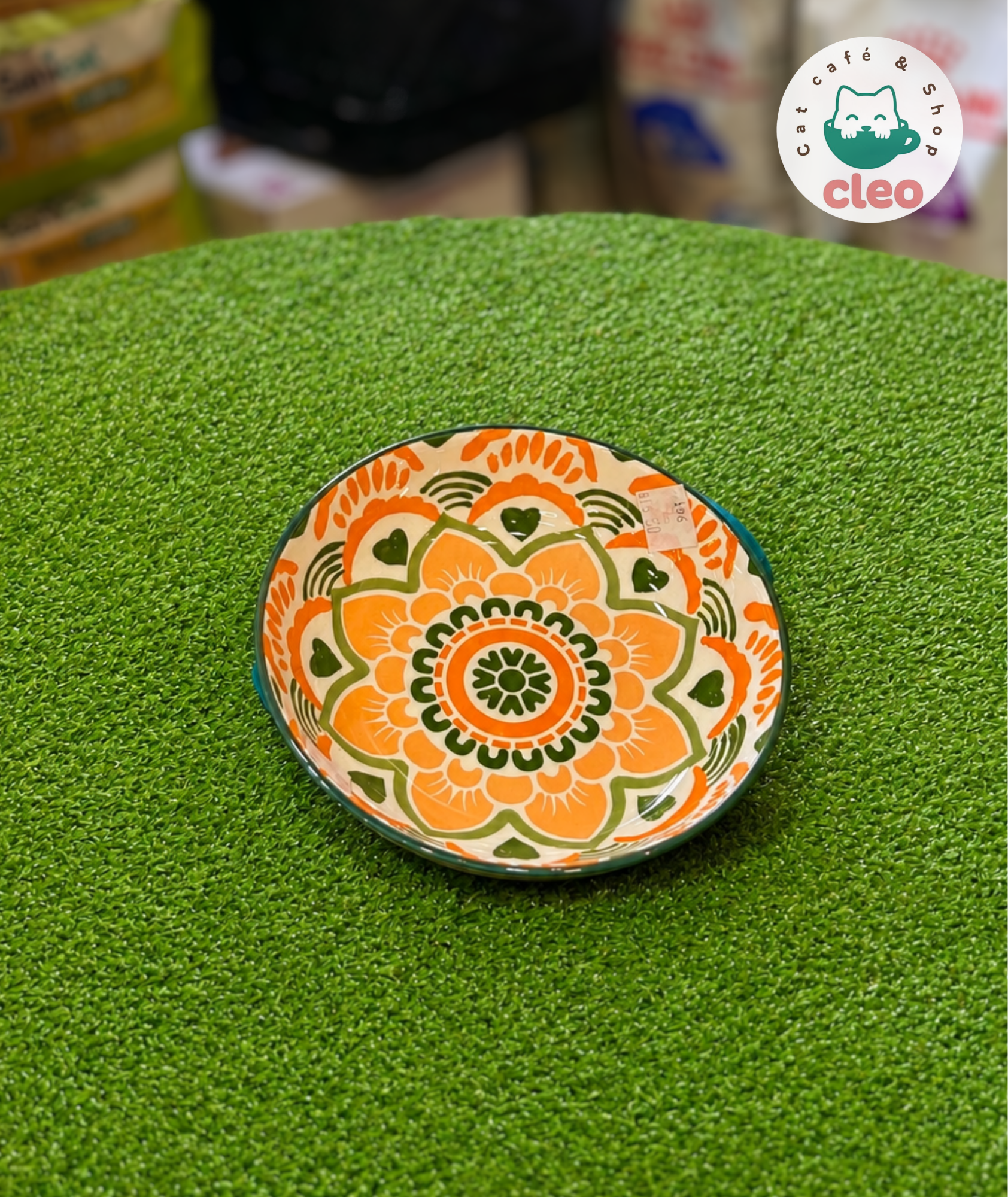 Plato de Cerámica Mandala Naranja y Verde para Gatos | Comedero Decorativo
